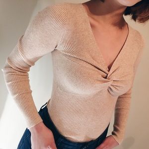Tie-Front Pink Beige Sweater